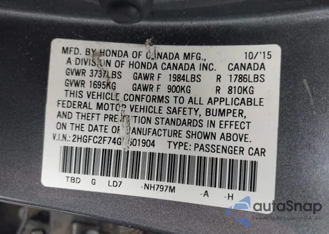 2016 Honda Civic Ex из США, поврежденный, VIN 2HGFC2F74GH501904